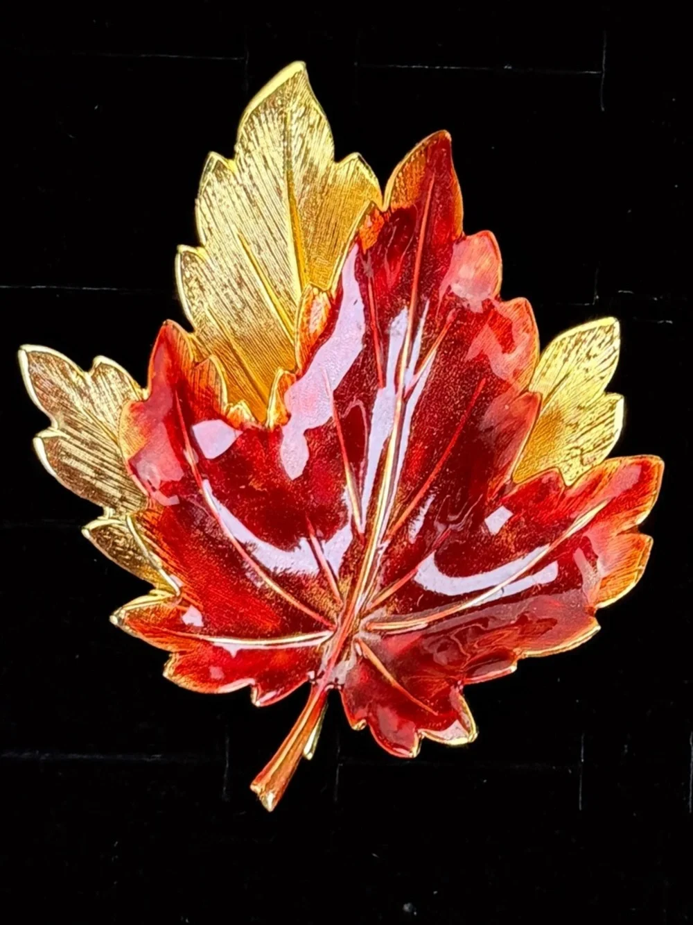Vintage Red Goldtone Maple Leaf Brooch Layered Autumn Fall Statement Pin
